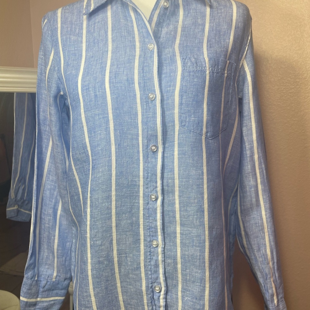 H&M 100% Linen Blue White Stripe Button Down Shirt Lightweight XS - Picture 2 of 8